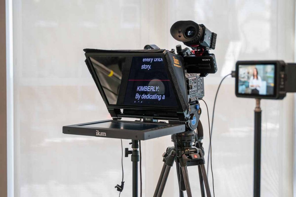 Video production camera with a teleprompter